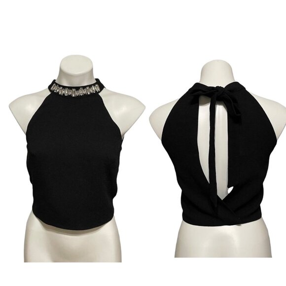 JOA Los Angeles Black Cropped Mock Jeweled Neck Halter Top - Picture 2 of 6
